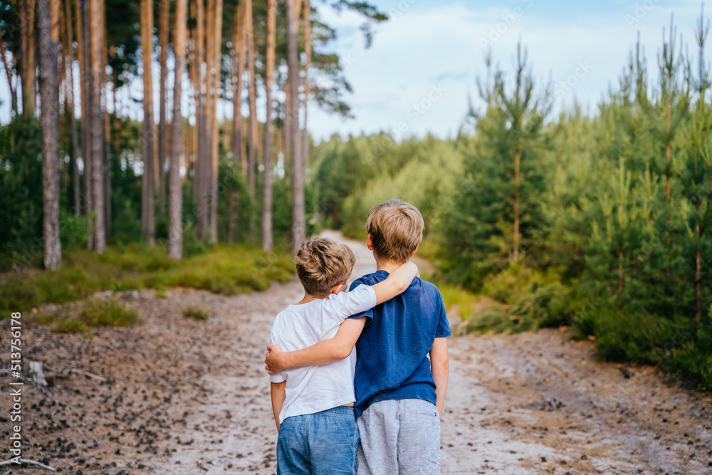 Summer activity for inquisitive children. Rear view of two children siblings holding by hands in the forest. Friends together at summer vacation. Summer activity for inquisitive children. Rear view of two children siblings holding by hands in the forest. Friends together at summer vacation.