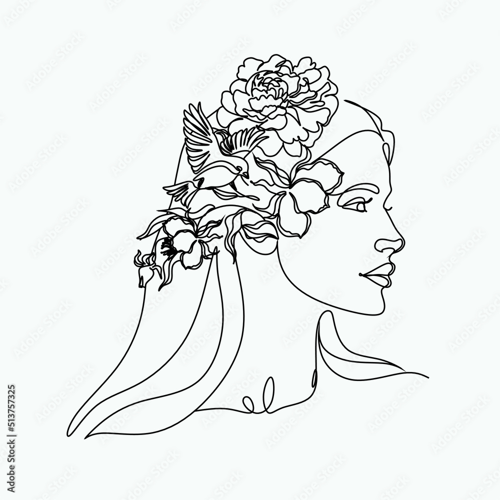 Abstract face with flowers one line vector drawing. Woman with bird ...