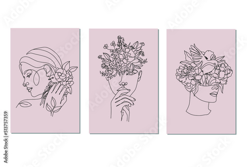 Woman face with flowers Line art Set of 3 prints posters.  Elegant Feminine Beauty Logo. Abstract face with plants one line drawing. Portrait minimalistic style. Botanical print. Symbol of cosmetics. 