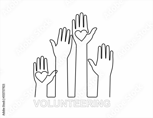Continuous one line drawing of Hands with hearts. Raised hands volunteering concept