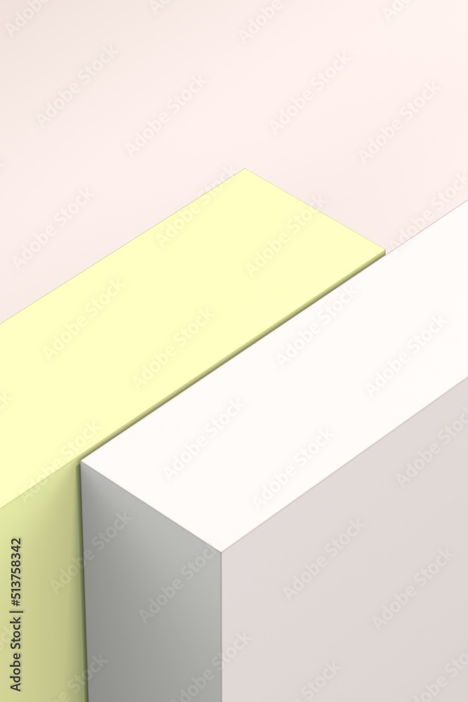3d rectangle stage podium scene minimal studio background. Display for cosmetic product. Natural monochrome color tones. A white cube box with a empty wall background.3D rendering
