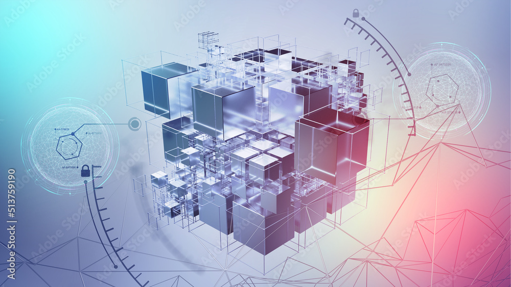 Naklejka premium Blockchain and World Internet. Global digital technology. 3D illustration of a cube and an array of data. Calculations and analytics of business risks