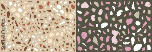 Set of Terrazzo Floor Texture. Classic italian floor composed of natural stone, granite, quartz, marble, glass and concrete. Seamless pattern.