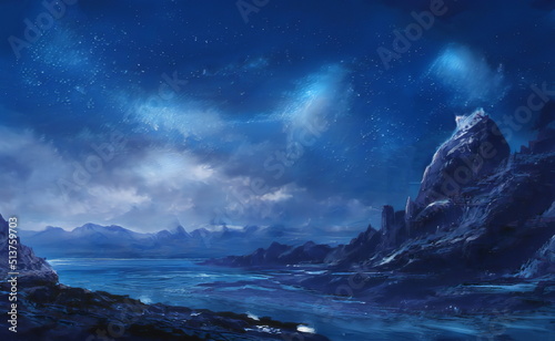  Fantastic Epic Magical Landscape of Mountains. Summer nature. Mystic Valley, tundra. Gaming assets. Celtic Medieval RPG background. Rocks and grass. Beautiful sky and clouds. Lakes and rivers