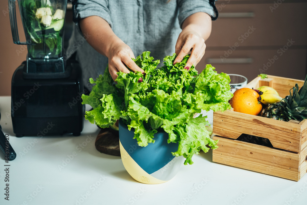 Close Up Photo Of Woman Hands Taking Fresh Lettuce And Making Green Smoothie For Breakfast At Home Close Up Photo Of Woman Hands Taking Fresh Lettuce And Making Green Smoothie For Breakfast At Home