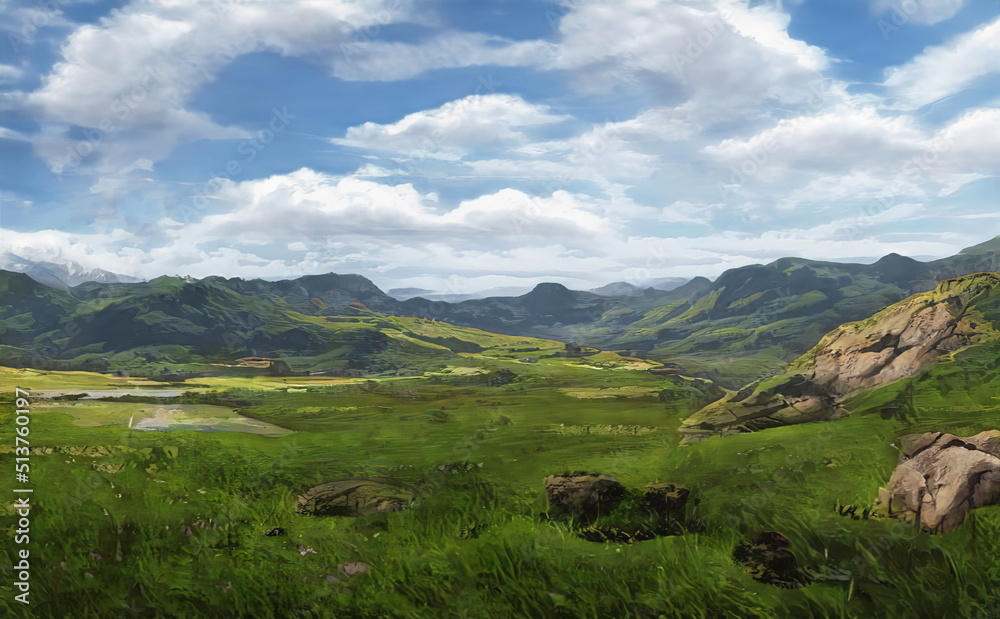 Fantastic Epic Magical Landscape of Mountains. Summer nature. Mystic Valley, tundra, forest. Gaming assets. Celtic Medieval RPG background. Rocks and grass. Beautiful sky and clouds. Fantastic Epic Magical Landscape of Mountains. Summer nature. Mystic Valley, tundra, forest. Gaming assets. Celtic Medieval RPG background. Rocks and grass. Beautiful sky and clouds.