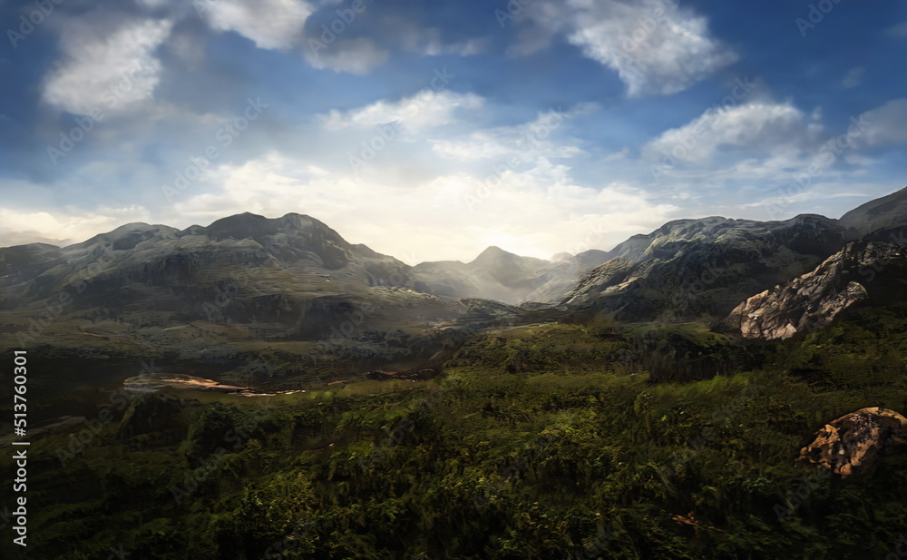 Fantastic Epic Magical Landscape of Mountains. Summer nature. Mystic Valley, tundra, forest. Gaming assets. Celtic Medieval RPG background. Rocks and grass. Beautiful sky and clouds.