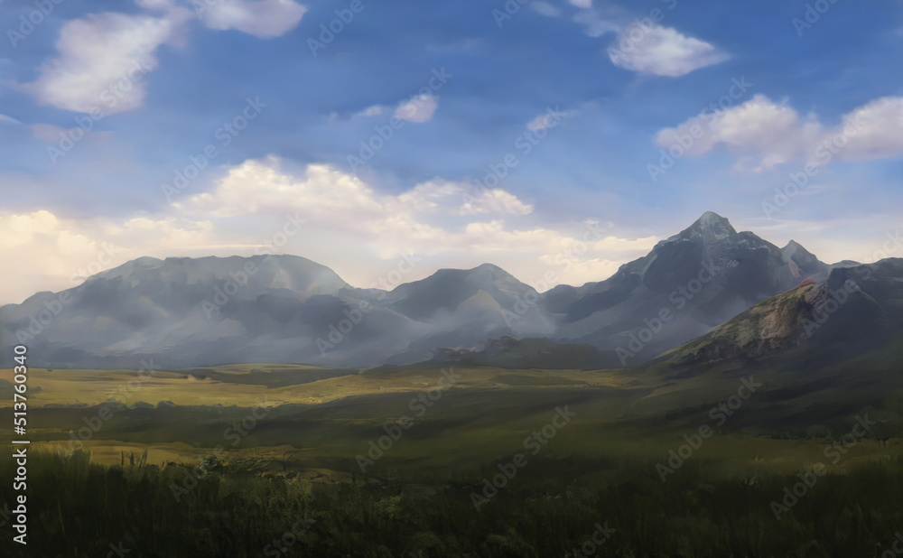 Fantastic Epic Magical Landscape of Mountains. Summer nature. Mystic Valley, tundra, forest. Gaming assets. Celtic Medieval RPG background. Rocks and grass. Beautiful sky and clouds.