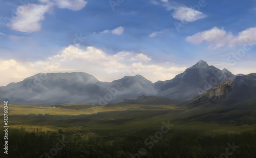 Fantastic Epic Magical Landscape of Mountains. Summer nature. Mystic Valley  tundra  forest. Gaming assets. Celtic Medieval RPG background. Rocks and grass. Beautiful sky and clouds.