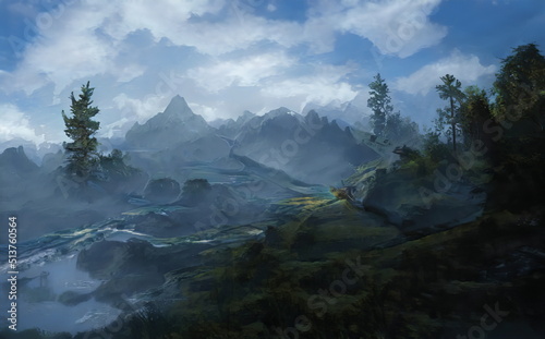 Fantastic Epic Magical Landscape of Mountains. Summer nature. Mystic Valley, tundra, forest. Gaming assets. Celtic Medieval RPG background. Rocks and grass. Beautiful sky and clouds. Lakes and rivers  © Abstract51