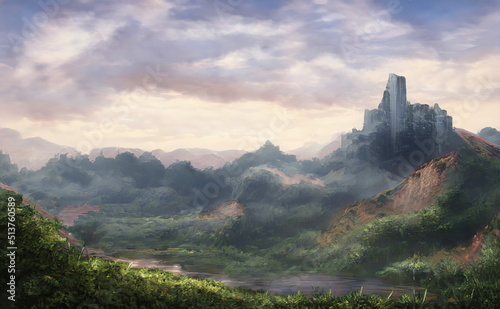 Fantastic Epic Magical Landscape of Mountains. Summer nature. Mystic Valley, tundra, forest. Gaming assets. Celtic Medieval RPG background. Lake, river. Ruins of an old castle