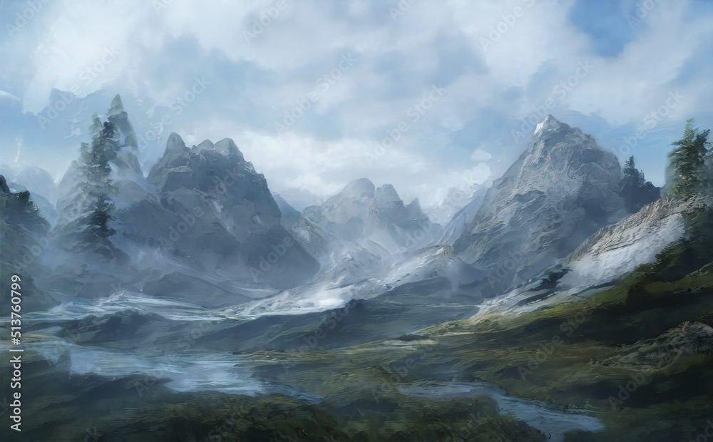 Fantastic Winter Epic Landscape of Mountains. Celtic Medieval forest. Frozen nature, ground. Glacier in the mountains. Mystic Valley. Artwork sketch. Gaming RPG background. Book cover, poster, banner