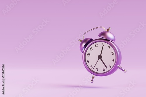 Vintage ringing alarm clock on purple background. 3d render