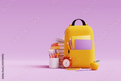 Backpack with different colorful stationery on pink background. 3d render