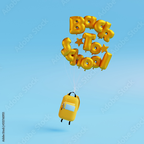 Backpack with different colorful stationery and balloons flying on blue background. 3d render