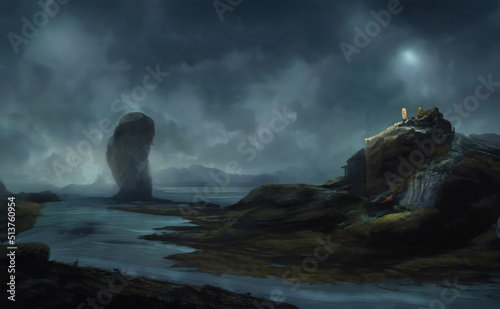 Fantastic Epic Magical Landscape of Mountains. Summer nature. Mystic Valley, tundra. Gaming assets. Celtic Medieval RPG background. Rocks and canyon. Ruins of an old castle. Lake and river