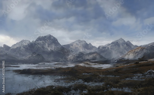 Fantastic Epic Magical Landscape of Mountains. Summer nature. Mystic Valley  tundra  forest. Gaming assets. Celtic Medieval RPG background. Rocks and grass. Beautiful sky and clouds. Lakes and rivers 