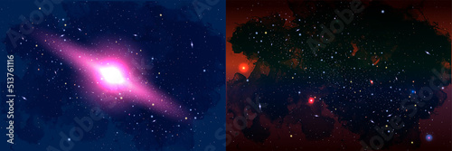 Vector Cosmology Illustration with Universe, Galaxy, Sun, Planets and Stars. Can be used for Invitation or Booklet. Futuristic view with Depth and Space Background