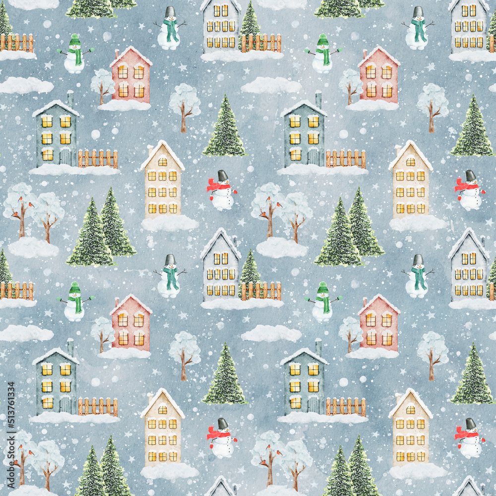 Watercolor Christmas pattern with winter houses, trees, snowmen and other christmas elements on blue snowy background.