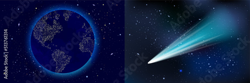 Vector Cosmology Illustration with Universe, Galaxy, Sun, Planets and Stars. Can be used for Invitation or Booklet. Futuristic view with Depth and Space Background