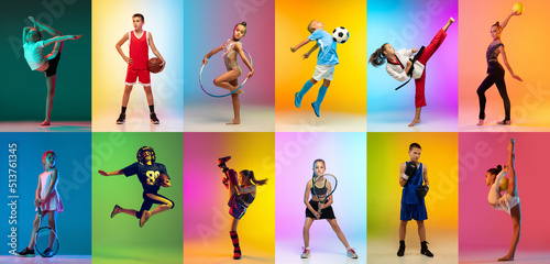 Group of professional sportsmen and kids with sport equipment isolated on multicolored background in neon light. Flyer. Advertising  sport life concept