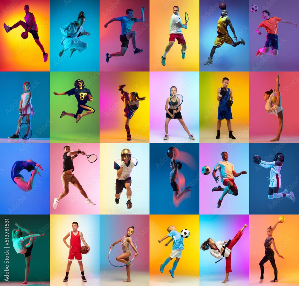 Set of images of different professional sportsmen and kids in action, motion isolated on multicolor background in neon. Collage - obrazy, fototapety, plakaty 
