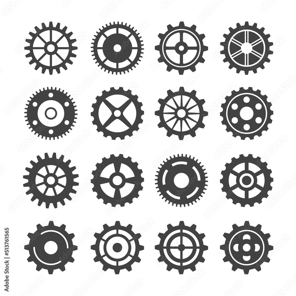 Set of different gear wheel. Isolated on white background. Black and white. Vector illustration.