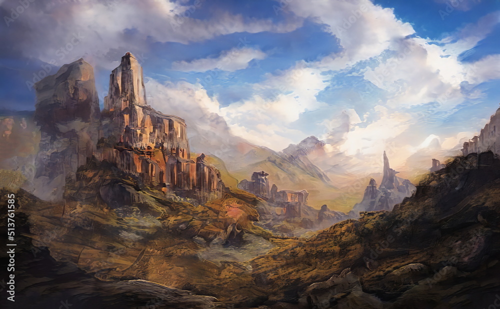 Fantastic Epic Magical Landscape of Mountains. Summer nature. Mystic Valley, tundra, forest. Gaming assets. Celtic Medieval RPG background. Rocks and canyon. Ruins of an old castle	