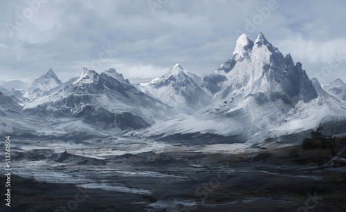Fantastic Winter Epic Landscape of Mountains. Celtic Medieval forest. Frozen nature, ground. Glacier in the mountains. Mystic Valley. Artwork sketch. Gaming RPG background. Book cover, poster, banner  © Abstract51