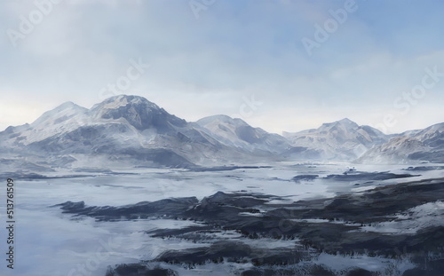 Fantastic Winter Epic Landscape of Mountains. Celtic Medieval forest. Frozen nature, ground. Glacier in the mountains. Mystic Valley. Artwork sketch. Gaming RPG background. Book cover, poster, banner 