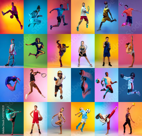 Fototapeta Naklejka Na Ścianę i Meble -  Set of images of different professional sportsmen and kids in action, motion isolated on multicolor background in neon. Collage