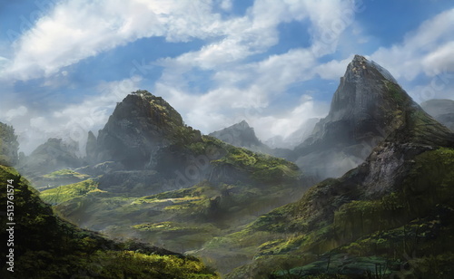 Fantastic Epic Magical Landscape of Mountains. Summer nature. Mystic Valley, tundra, forest. Gaming assets. Celtic Medieval RPG background. Rocks and grass. Beautiful sky and clouds. 