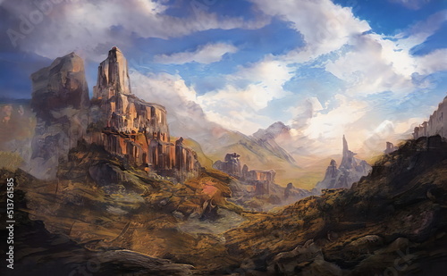 Fantastic Epic Magical Landscape of Mountains. Summer nature. Mystic Valley, tundra, forest. Gaming assets. Celtic Medieval RPG background. Rocks and canyon. Ruins of an old castle 