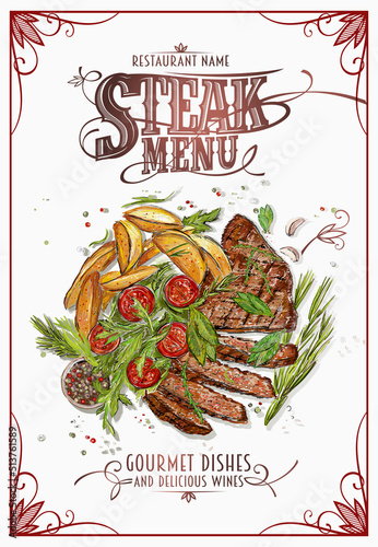 Steak menu vector design template with hand drawn sketch style illustration of a beef steak with fried potato