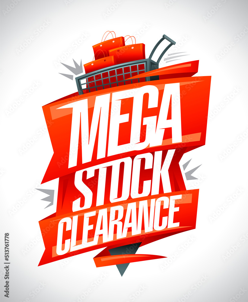 Mega stock clearance, sale web banner or poster design template with shopping cart - obrazy, fototapety, plakaty 