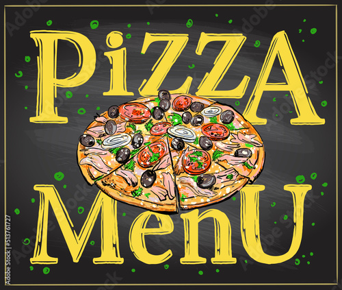 Pizza menu chalkboard with pizza