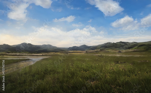 Fantastic Epic Magical Landscape of Mountains. Summer nature. Mystic Valley, tundra, forest. Gaming assets. Celtic Medieval RPG background. Rocks and grass. Beautiful sky and clouds.    © Abstract51