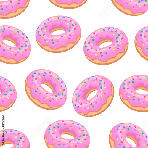 Seamless pattern of pink donuts on a white background.Vector confectionery pattern can be used in the menu of bakeries, cafes,textiles.