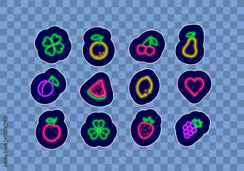 Slot machine neon stickers collection. Lemon, grape and clover. Healthy eating. Vector stock illustration