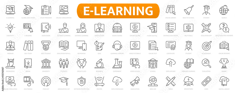E-learning, online education icons set. 60 Electronic learning icons. Distance learning collection outline icons collection. - obrazy, fototapety, plakaty 