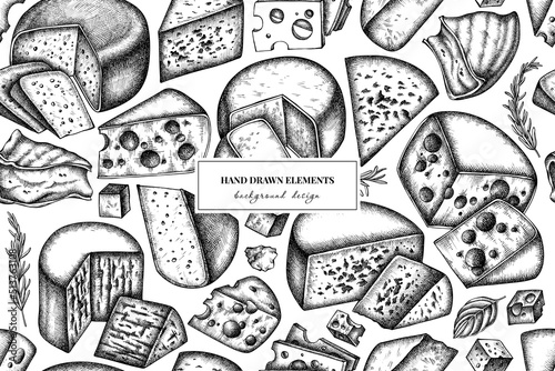 Cheese seamless pattern background design. Engraved style. Hand drawn brie, gouda cheese, roquefort, etc.