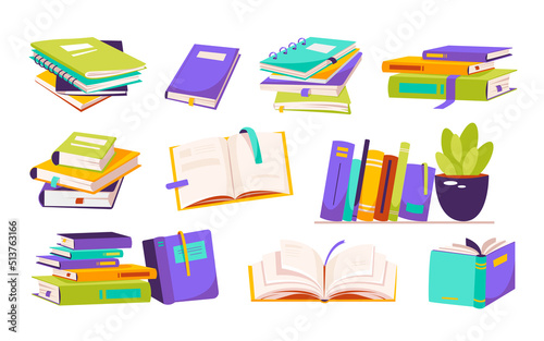 Stacks of books to read. A set of literature, textbooks, dictionaries, planners with bookmarks. Color flat vector illustration isolated on a white background

