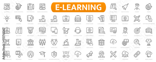 E-learning, online education icons set. 60 Electronic learning icons. Distance learning collection outline icons collection. photo