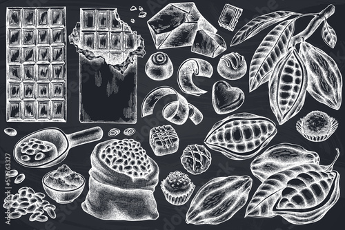 Vector set of hand drawn chalk cocoa beans, cocoa, chocolate, chocolate candies