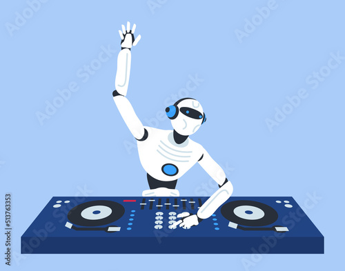 robot humanoid dj playing music mixer controller vector illustration