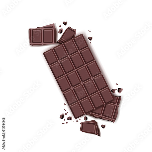 Bar of chocolate with pieces on an isolated background