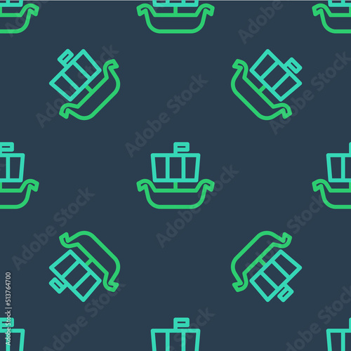 Line Ancient viking scandinavian drakkar icon isolated seamless pattern on blue background. Viking transport ship. Vector