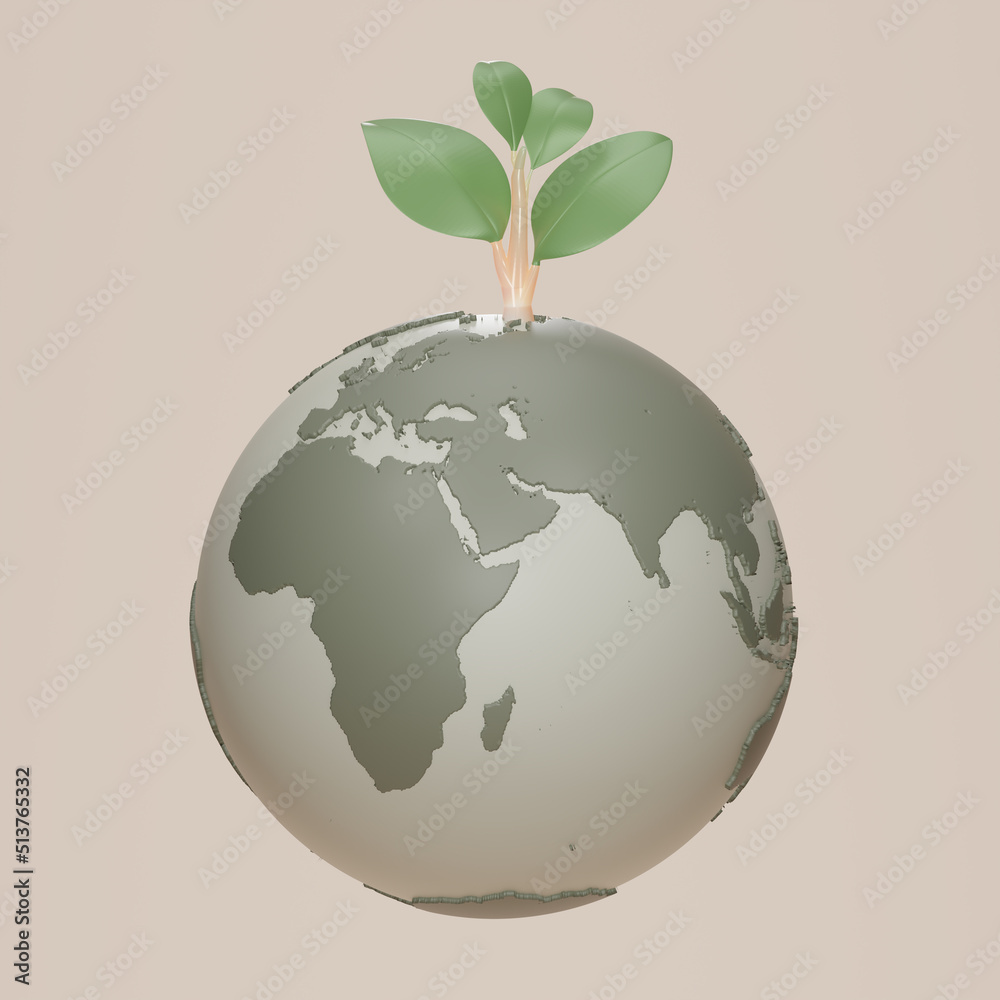 Planet earth and plant on beige background. Earth day symbol. Globe with sapling, Eco Save the world, Clean environment, Sustainability or environmental protection concept. 3d rendering illustration. Planet earth and plant on beige background. Earth day symbol. Globe with sapling, Eco Save the world, Clean environment, Sustainability or environmental protection concept. 3d rendering illustration.