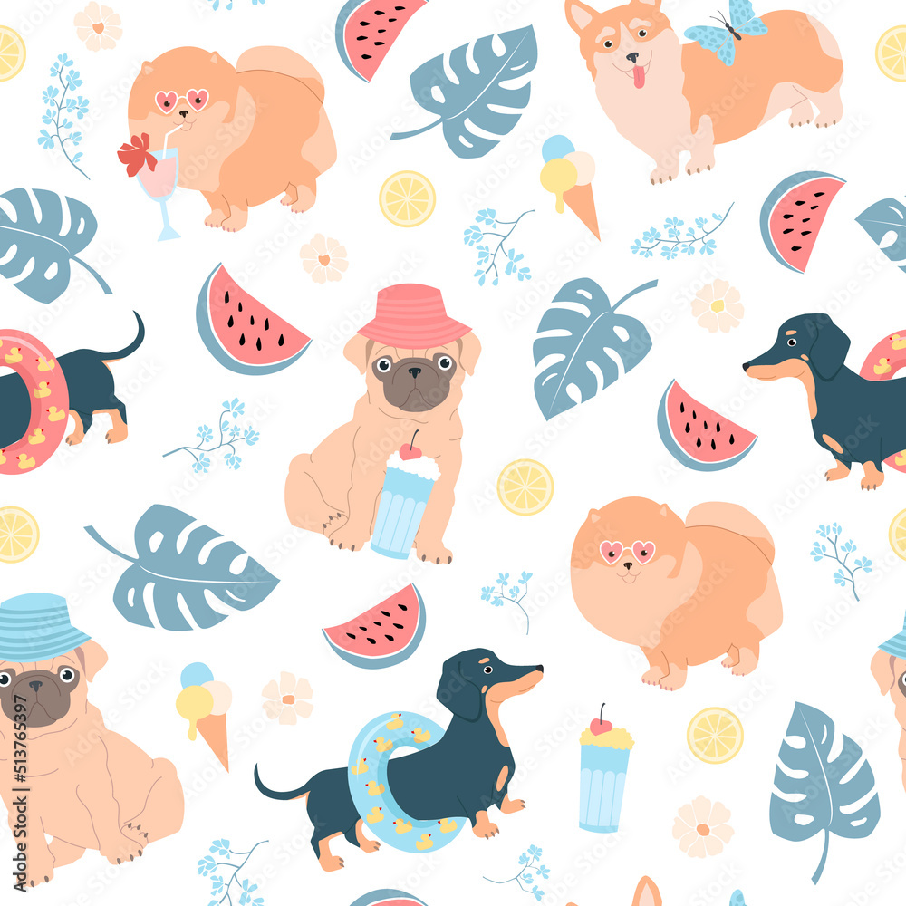 Summer seamless vector pattern of dogs, monstera leaves, watermelons, lemons, flowers. For fabrics, wrapping paper, wallpapers. Dachshund, pomeranian, pug and corgi