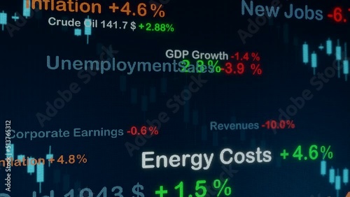Stagflation, era economic depression. Rising high inflation, weak economy, corporate earnings drops, rising energy prices and increased unemployment rate lead into a stagflation scenario. 3D animation